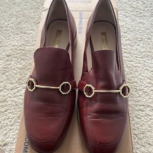 Women's Burgundy Leather Slip-On Loafers with Gold Chain Detail